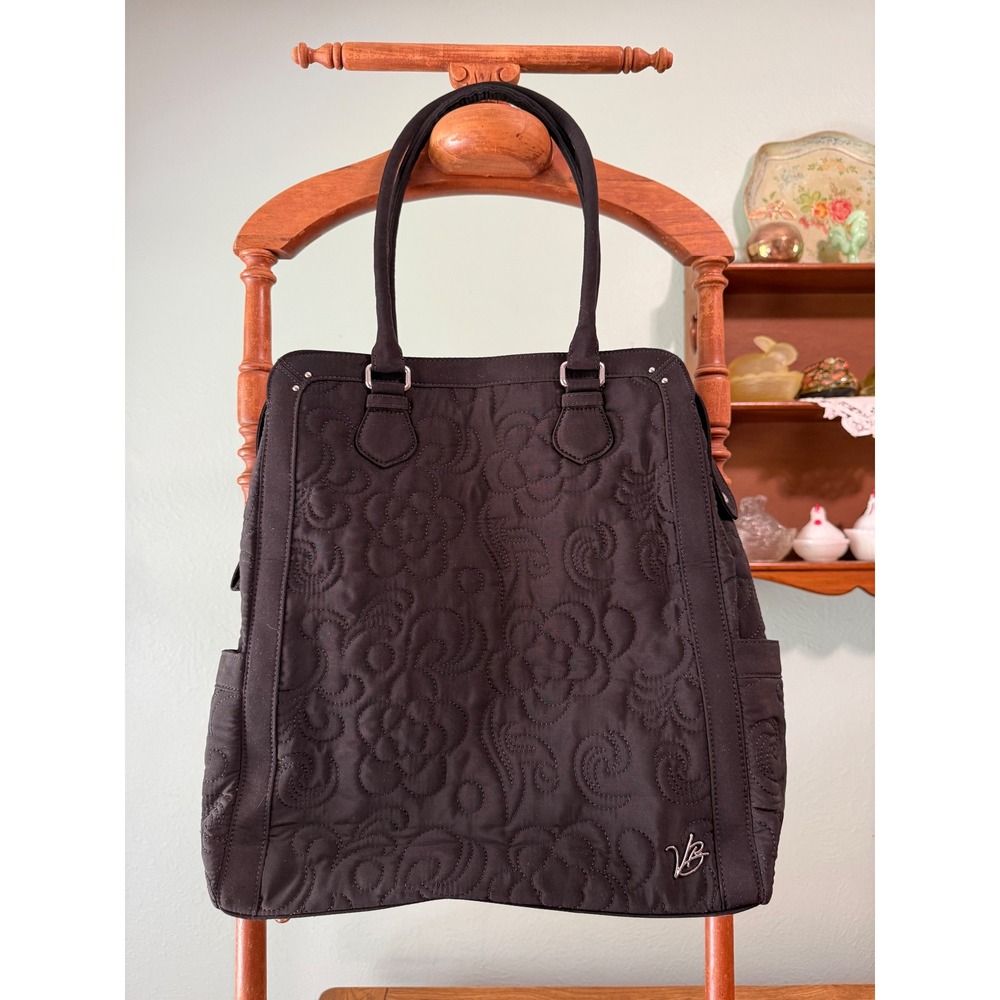 Vera Bradley Black Microfiber Floral Embroidered North South Tote Bag